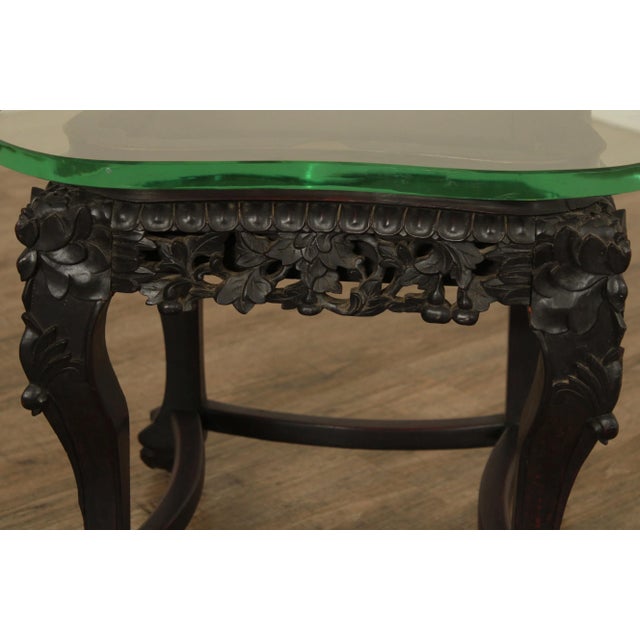 Antique Asian Ornate Carved Tabouret Side Table with Glass Top For Sale - Image 10 of 13