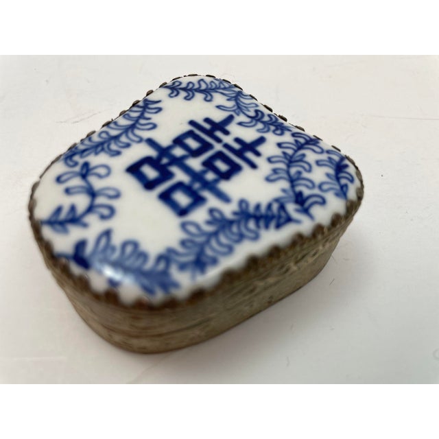 Vintage Chinese Porcelain Shard Box Oriental Decorative Nickel Silver For Sale - Image 10 of 11