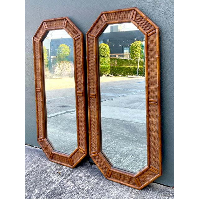 Wood Vintage Octagon Faux Bamboo Mirrors - A Pair For Sale - Image 7 of 12