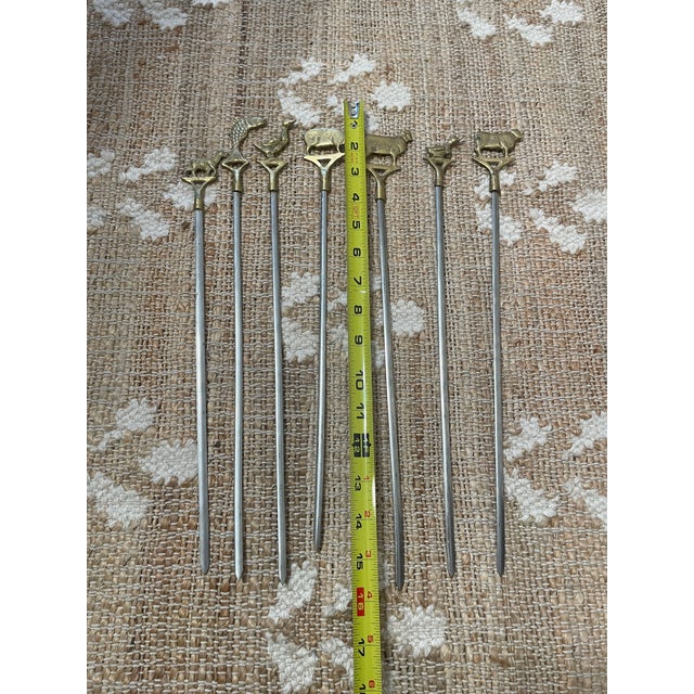 Vintage Brass Animal Top Skewers Set of 7 Brass & Steel For Sale In Chicago - Image 6 of 11