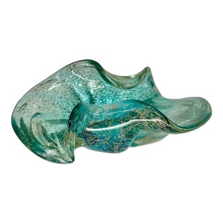 Vintage Murano Blue Glass With Gold Specks Free Form Bowl / Dish For Sale