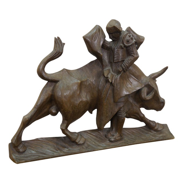 Mid 20th Century Mexican Spanish Carved Mahogany Matador Bull Fighter Relief Wall Plaque 20" For Sale
