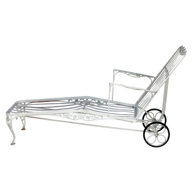 Antique Garden Chaise Lounge in Iron W/ Wheels. Attributed to John Salterini For Sale - Image 4 of 11