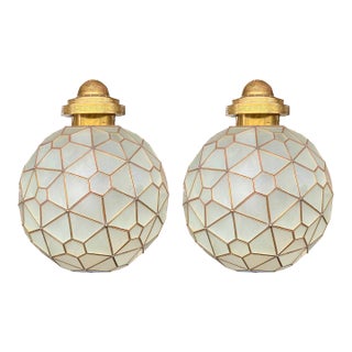 Art Deco Style Round Chandelier or Pendant, Milk Glass & Brass Inlay, a Pair For Sale