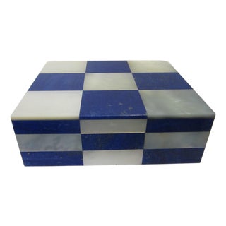 Lapiz Lazuli Intarsia Mother of Pearl Vintage Jewelry Box For Sale