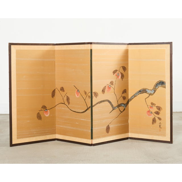 Japanese Showa Four Panel Screen Persimmon Branch in Snow For Sale - Image 9 of 18