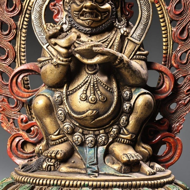 Gilt Bronze Mahakala Statue, Wrathful Deity Figure, 550g For Sale - Image 4 of 9