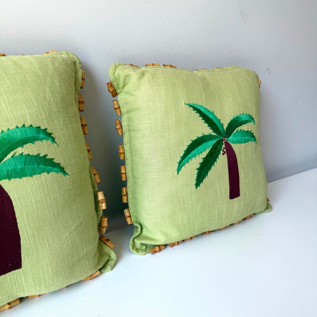 Mid-Century Modern Palm Tree Grasscloth and Bamboo Fringe Throw Pillows – A Pair For Sale - Image 3 of 6