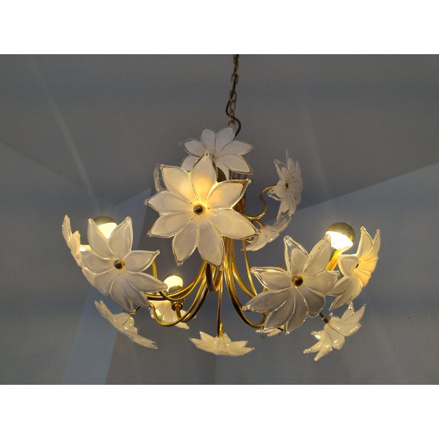 Metal Murano Glass White Flowers Chandelier, 1970s For Sale - Image 7 of 18