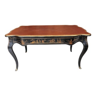 Antique French Chinoiserie Black & Gold Bronze Mounted Leather Top Writing Table Desk For Sale