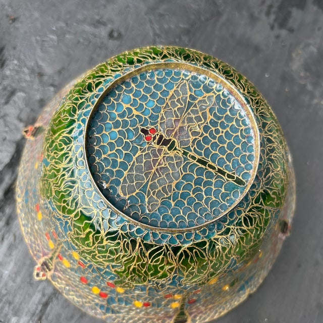 Transparent Pristine 7" Vintage Chinese Plique-À-Jour Transparent Enamelled 7-Dragonfly Bowl For Sale - Image 8 of 12