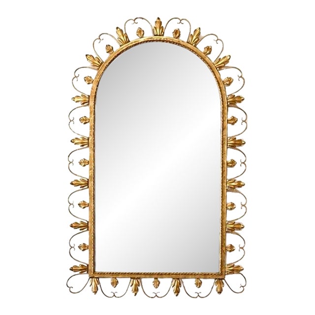 Vintage Hollywood Regency Belgian Gilt Iron Arch Mirror by Deknudt, for LaBarge Mirrors Inc. 1960's For Sale