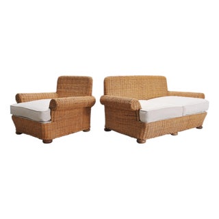 Organic Modern Woven Rattan Wicker Lounge Chair and Settee For Sale
