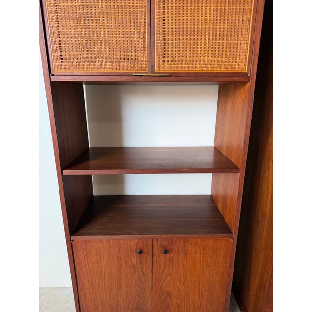 1960s Mid-Century Modern Jack Cartwright for Founders Furniture Walnut & Cane Storage Cabinets – A Pair For Sale - Image 12 of 16