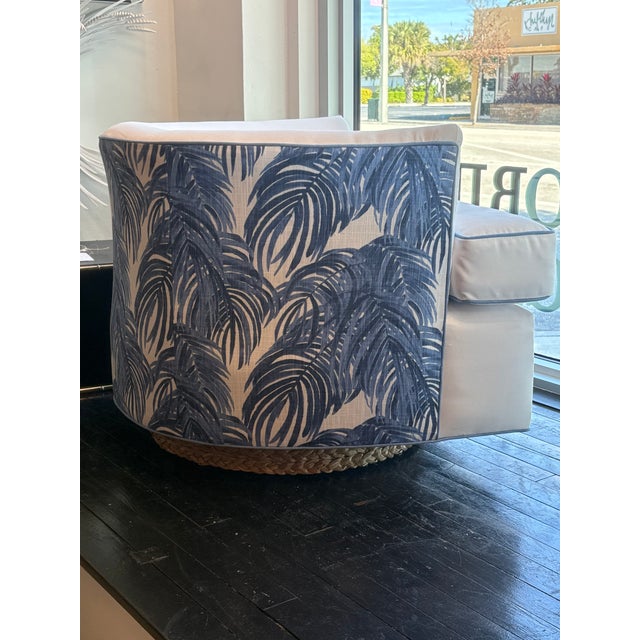 Vintage Pair Swivel Chairs Seagrass Base Blue & White Palm Beach New Upholstery For Sale - Image 13 of 13