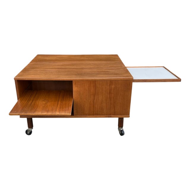 Wood 1960s Danish Lovig Square Coffee Table With Drawer, Open Shelves & Original Casters For Sale - Image 7 of 16