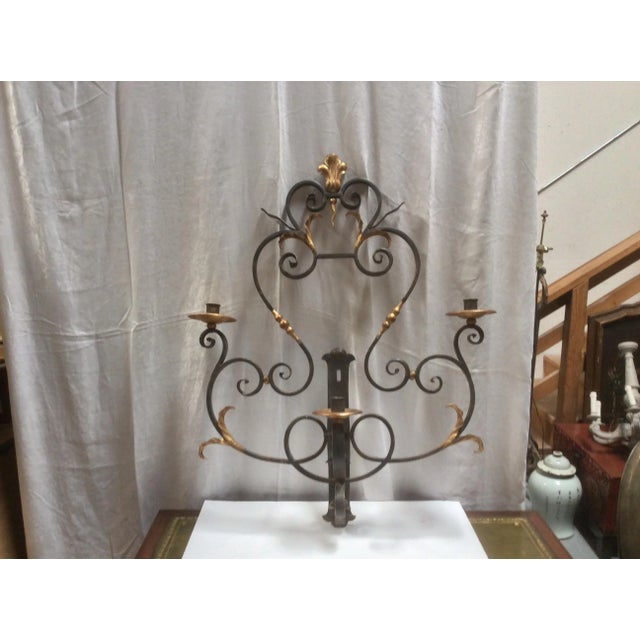 Great looking late 20th Century Hand Wrought Iron With parcel Gilt embellished area and three candle holders. Amazing over...
