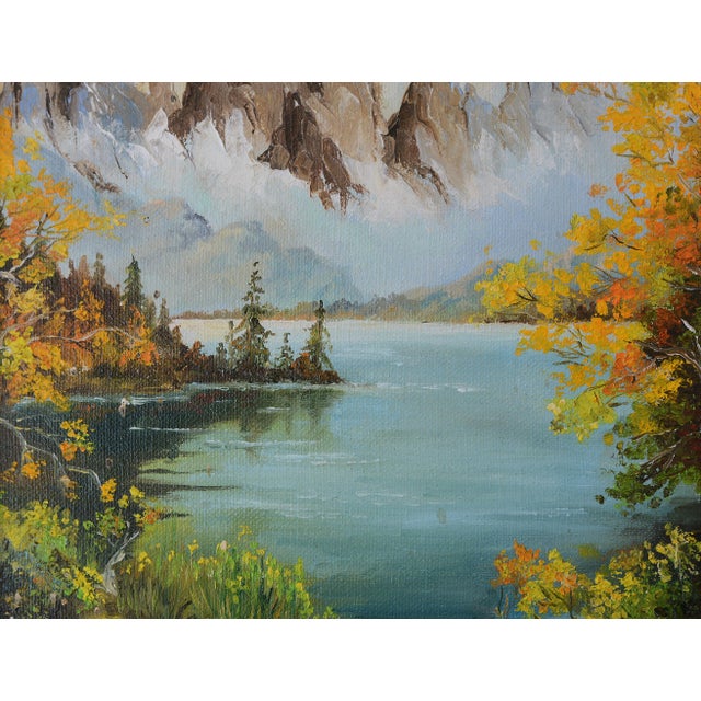 Wood Small Signed Vintage Mountains & Lake Landscape Painting For Sale - Image 7 of 10