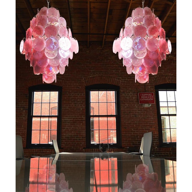 Pair Huge Vintage Italian Murano chandeliers - 87 pink alabaster disks Vintage Italian Murano chandeliers in Vistosi...
