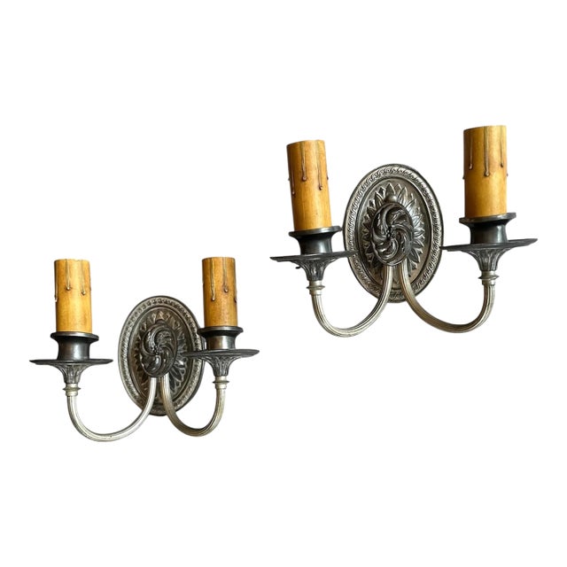 Pair of 1920s Mixed Metal and Silverplate Double Sconces For Sale