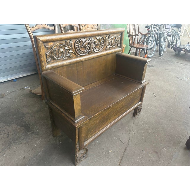 Antique William Morris Style English Arts & Crafts Movement Oak Carved High Back Monk's Bench For Sale - Image 11 of 11