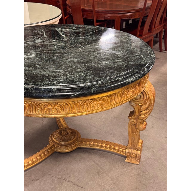 French Louis XV Style 23 K Gold Carved Wood Center Table + Marble Top For Sale - Image 4 of 12