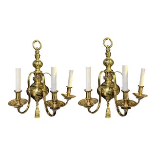 1900 Gilt Bronze Federal Style Large Sconces 3 Lights For Sale