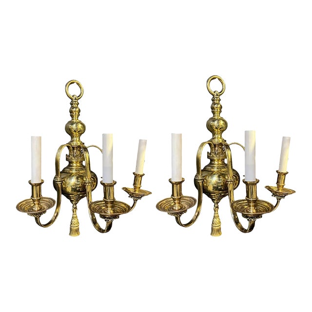 1900 Gilt Bronze Federal Style Large Sconces 3 Lights For Sale