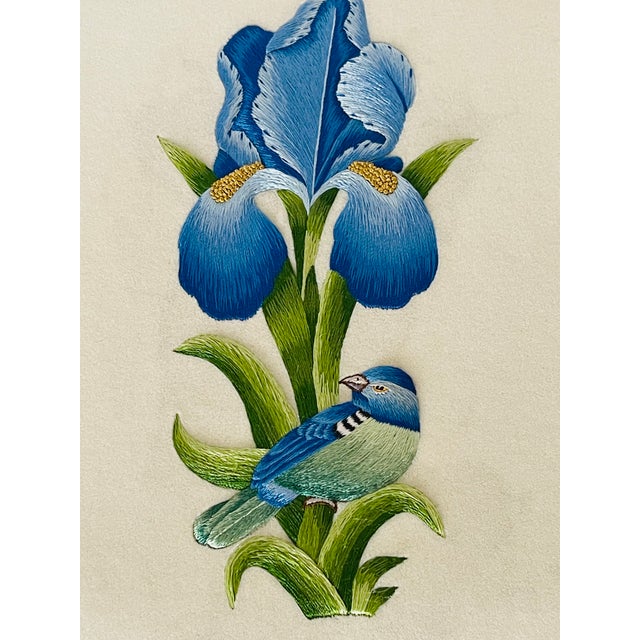 Beautiful embroidery of iris flower with bird on velvet ten Monticello box.