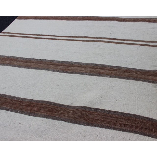 Mid 20th Century Mid 20th Century Turkish Vintage Kilim Flat-Weave Rug in Off White Brown With Stripe Design For Sale - Image 5 of 10
