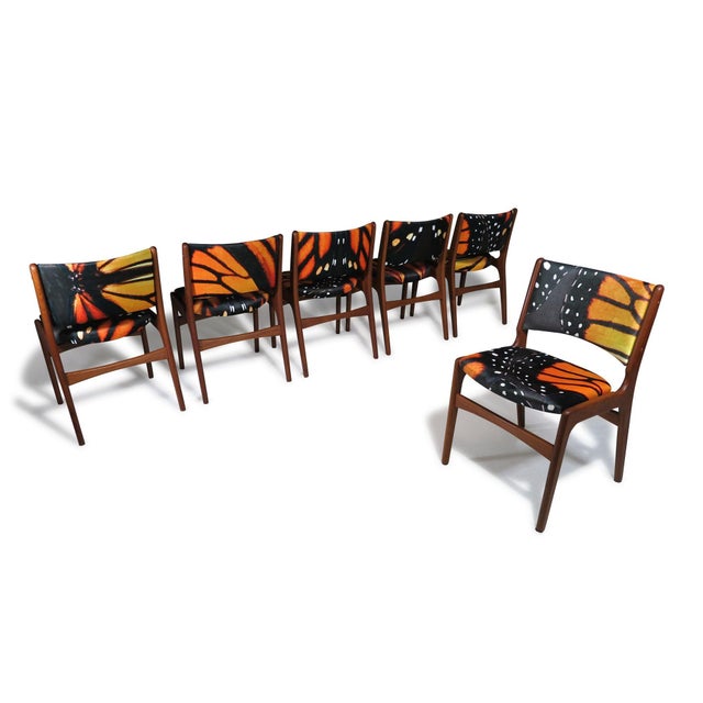 Mid 20th Century Restored Mid-Century Erik Buck Danish Teak Dining Chairs in Abstract Velvet Print For Sale - Image 12 of 15