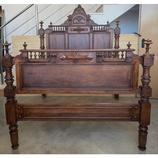 Antique French Louis XVI Style Full/Queen Size Walnut Carved Bed Frame Baroque For Sale - Image 16 of 18