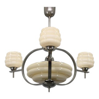 Art Deco Nickel and Cream Glass Chandelier, 1930s For Sale