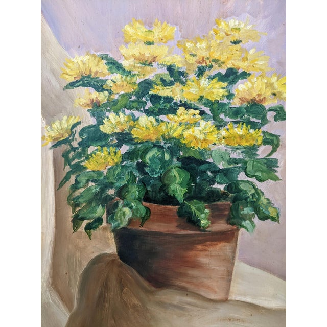Mid 20th Century 1960s Original Still Life Yellow Mum Flowers Painting Signed For Sale - Image 5 of 13