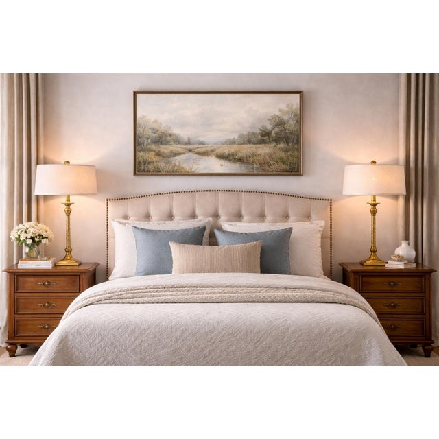 Brass Late 20th Century Tall Neoclassical Buffet Lamps in Sunlit Aged Brass With Twisted Columns & Custom Low-Profile Linen Shades - a Pair For Sale - Image 8 of 8