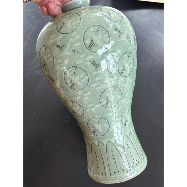 Korean Celadon Vase With Thousand Cranes Motif For Sale - Image 4 of 11