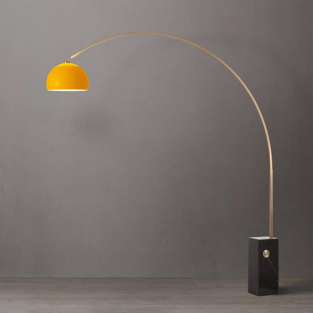 2020s Iconic 95" Arc Floor Lamp - Weathered Brass, Mustard Shade, Black Marble Base For Sale - Image 5 of 8