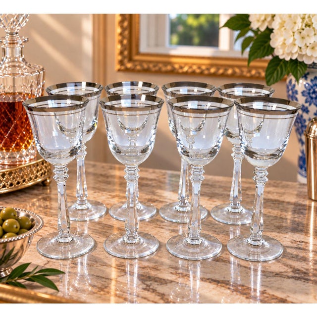 This is a gorgeous vintage set of eight Mikasa Silver Mist cordial glasses, pattern number 57618, featuring elegant clear...