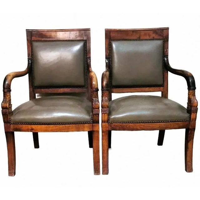 Antique French Charles X Style Master Chairs in Wood and Cuoio, 1830s, Set of 2 For Sale - Image 13 of 13