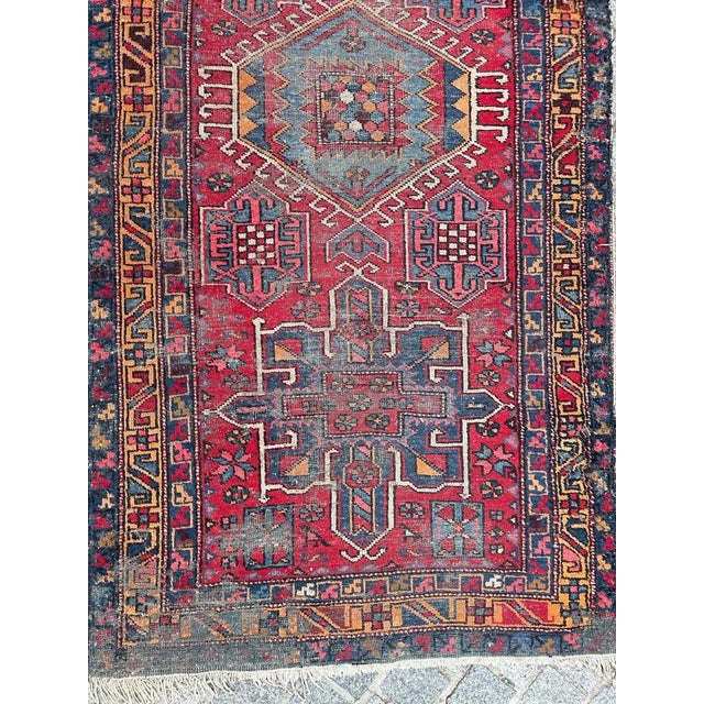 Pretty mid century rustic distressed Karaje runner with nice geometrical design and beautiful colours with red, blue, pink...