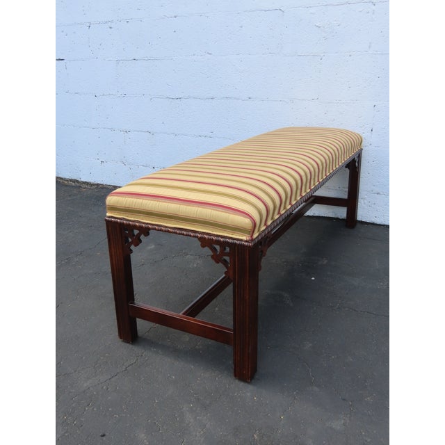 Wood Chinese Chippendale Long Upholstered Window Hall End of Bed Bench 6596 For Sale - Image 7 of 10