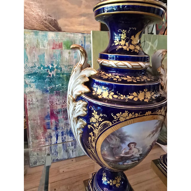 French Antique Cobalt Blue Porcelain Pr Urns Attributed to Sevres For Sale - Image 3 of 17
