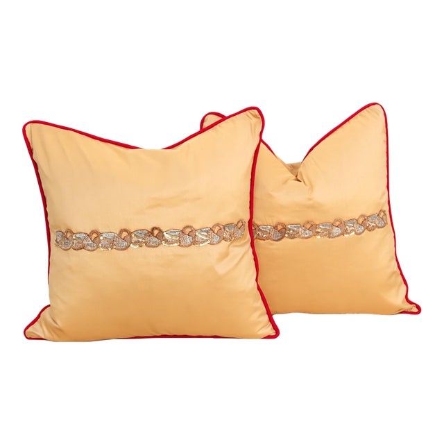 Pair of Gold Zardozi Pillows For Sale