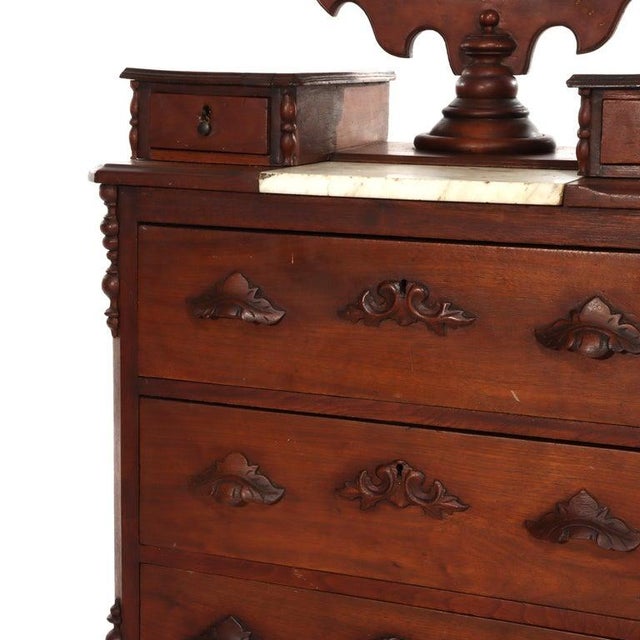 Walnut 5-Drawer Marble Top Child’s Dresser With Mirror & Carved Pulls Circa 1890 For Sale - Image 11 of 18