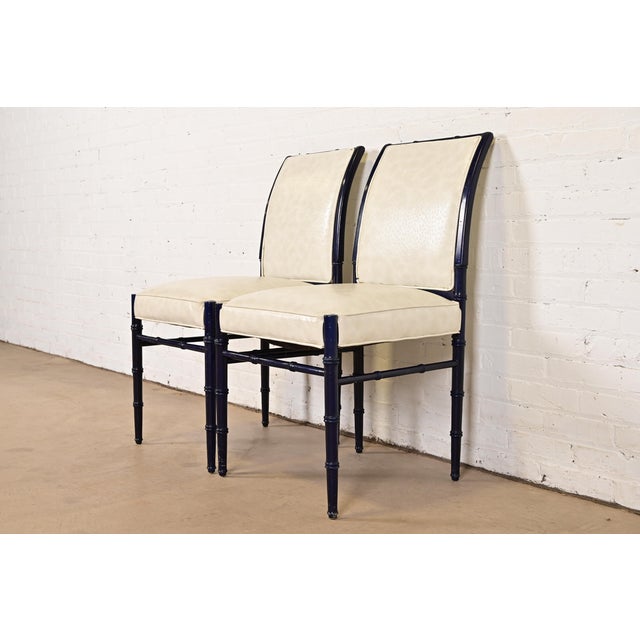 Baker Furniture Style Mid-Century Hollywood Regency Ebonized Faux Bamboo Side Chairs or Dining Chairs, Pair For Sale - Image 12 of 12