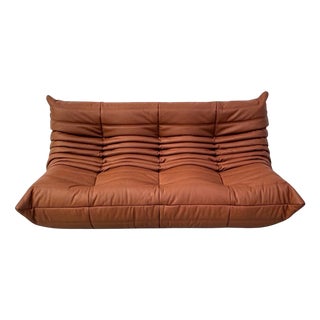 French Togo 3-Seater Sofa in Brown Leather attributed to Michel Ducaroy for Ligne Roset For Sale