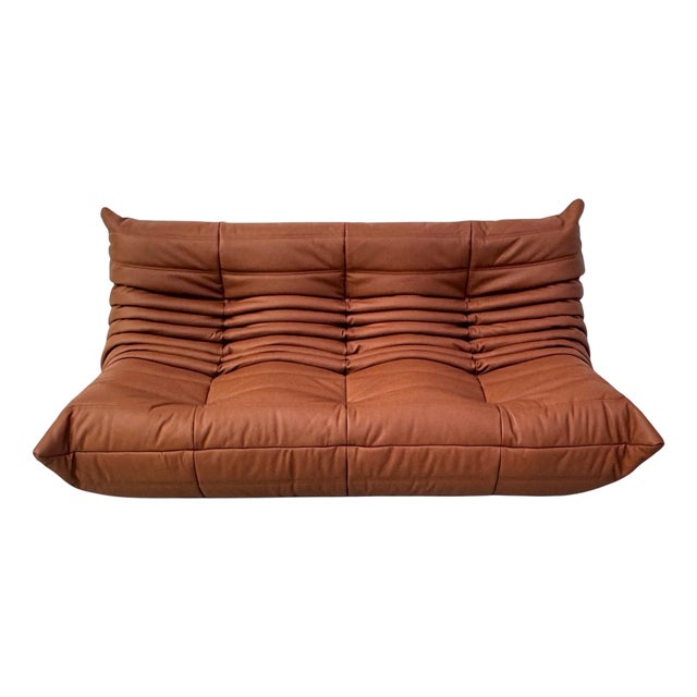 French Togo 3-Seater Sofa in Brown Leather attributed to Michel Ducaroy for Ligne Roset For Sale