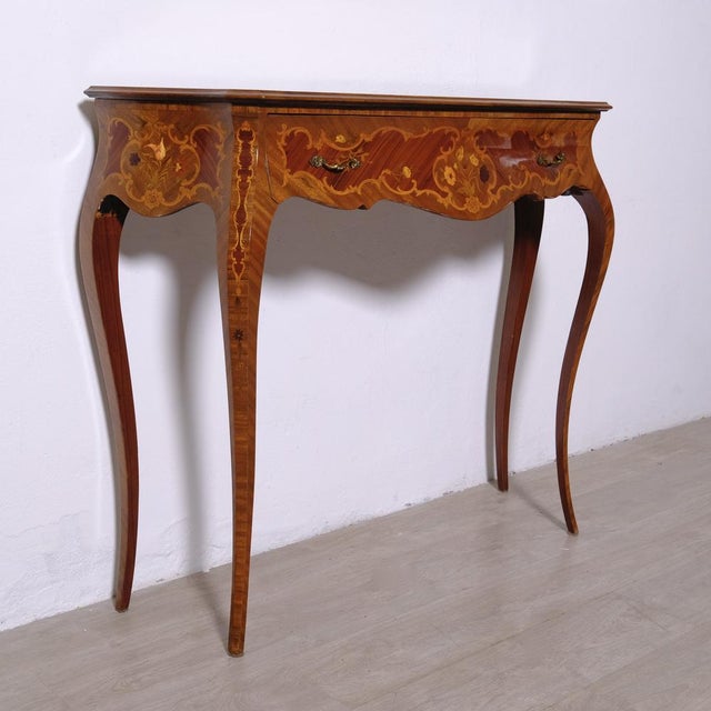 Beautiful wooden console table with inlaid decoration, Louis XV style, with drawer, well-maintained, Italy, 1960s....