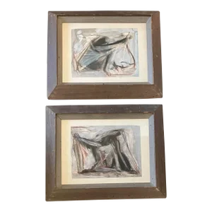 1970’s 2 Original Abstract Nude Figure Paintings Vintage Worm Wood Chestnut Frames-A Pair