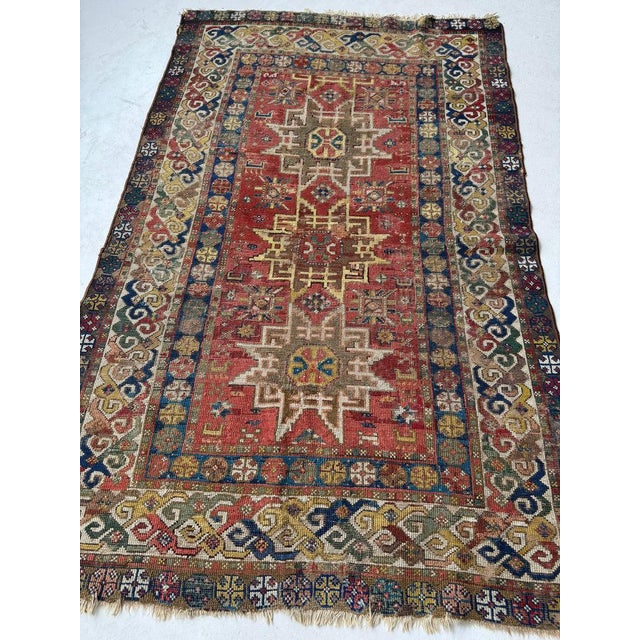 Antique Caucasian Leshgi Star with KINTSUGI Repairs Rug 3.8 x 5.6 For Sale - Image 11 of 11